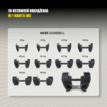 Hantle regulowane MX SELECT MX85 Dumbbell 5,6 - 38,6 KG + STOJAK